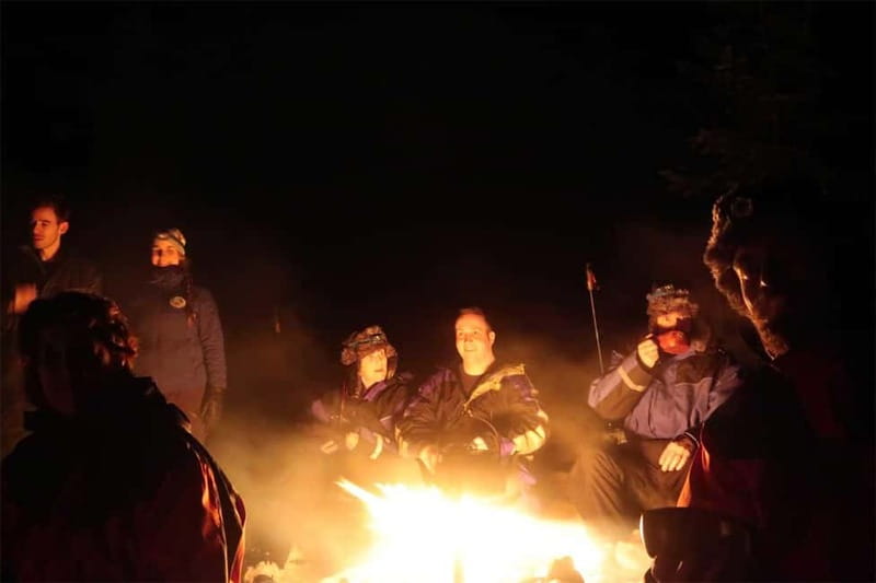 Luleå: Northern Lights Snowshoeing Tour - Sitting on reindeer skins beside the fire